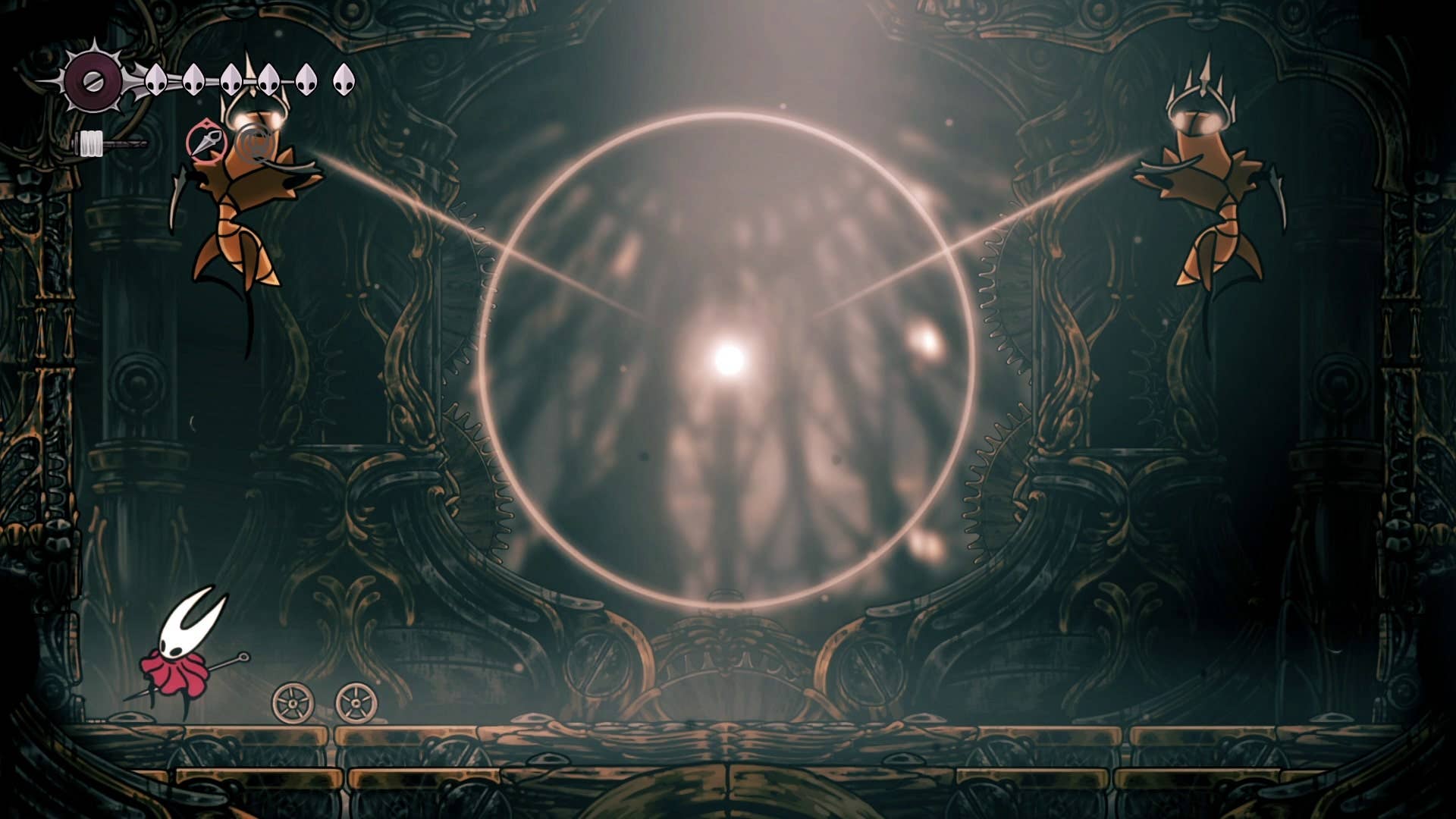Os dançarinos de Cogwork se preparam para seu ataque combinado em Hollow Knight: Silksong
