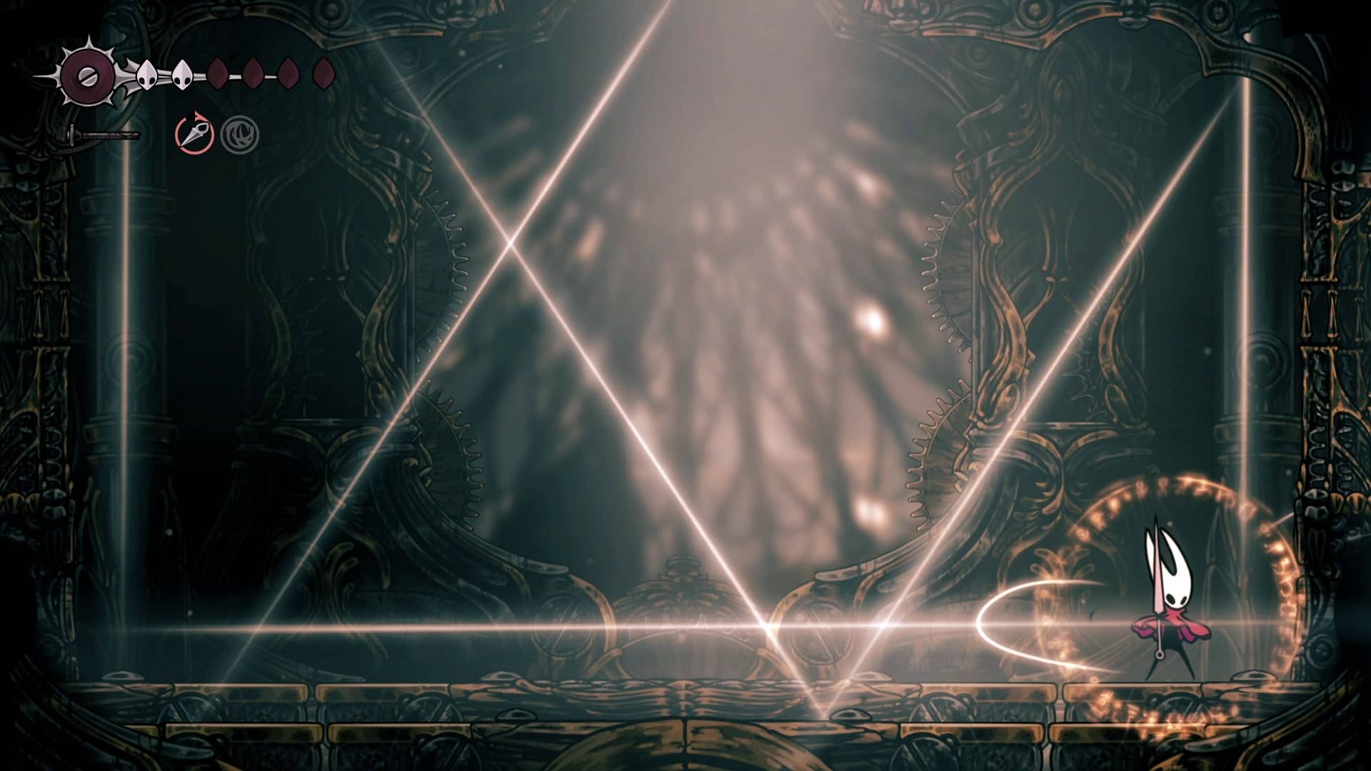 Hornet se liga enquanto os dançarinos de Cogwork se preparam para um ataque de carga rápida ao redor da arena em Hollow Knight: Silksong