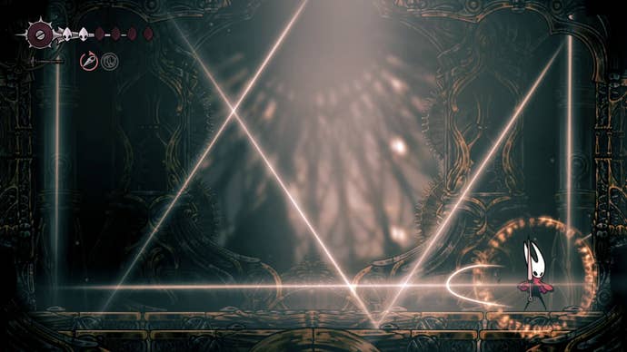 Hornet Binds while the Cogwork Dancers gear up for a fast charge attack around the arena in Hollow Knight: Silksong