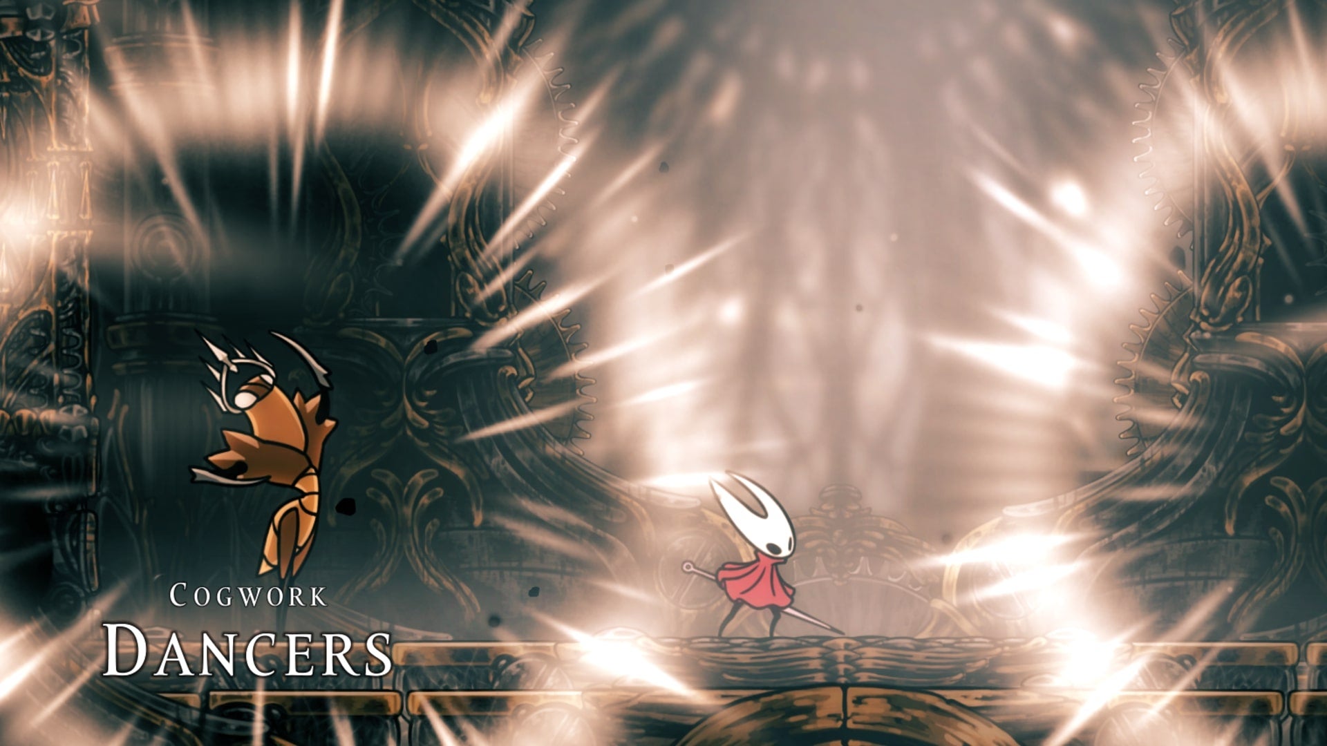 Hornet starts the fight against the Cogwork Dancers in Hollow Knight: Silksong