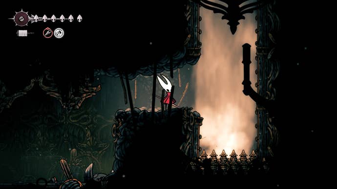 Hornet stands beside a jet of steam in the Exhaust Organ in Hollow Knight: Silksong