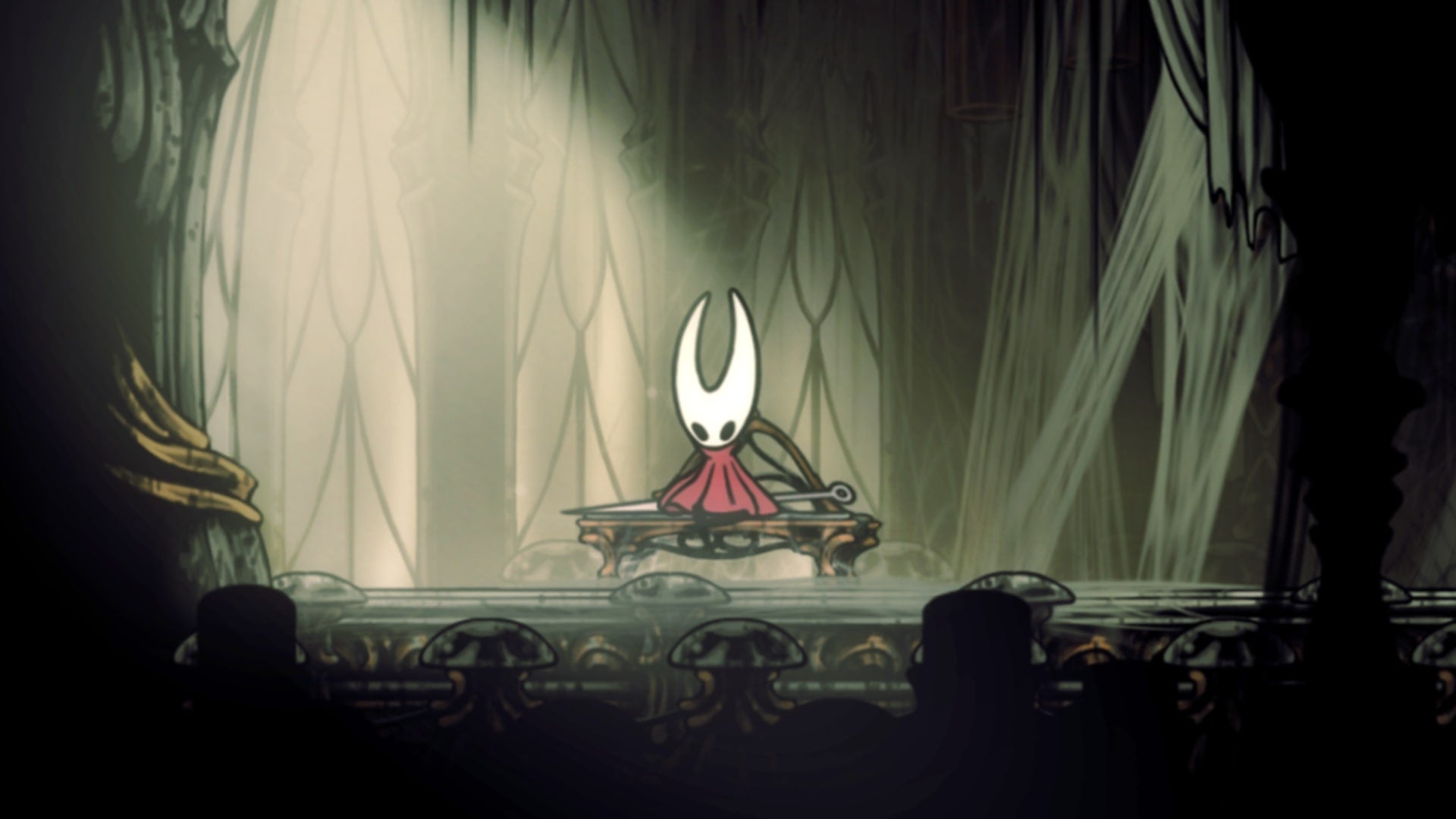 Hornet rests at the Exhaust Organ Bench in Hollow Knight: Silksong