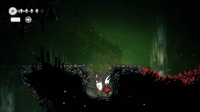 Hornet stands beside the Mask Fragment in Far Fields in Hollow Knight: Silksong