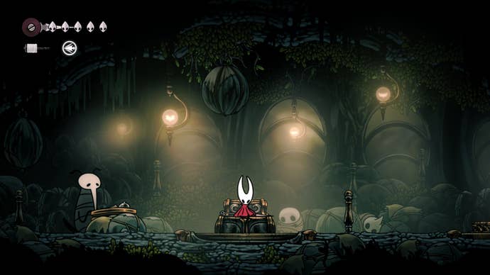 Hornet rests at the Bench in Pilgrim's Rest in Hollow Knight: Silksong