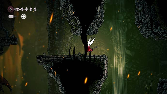 Hornet stands on a platform beside an updraft in Far Fields in Hollow Knight: Silksong