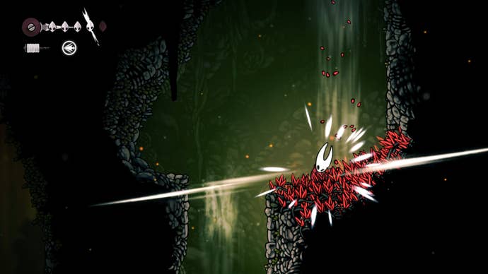 Hornet falls into some red spikes beneath an updraft in Far Fields in Hollow Knight: Silksong