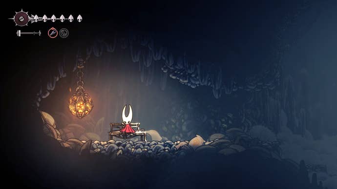 Hornet rests at a Bench in Mount Fay in Hollow Knight: Silksong