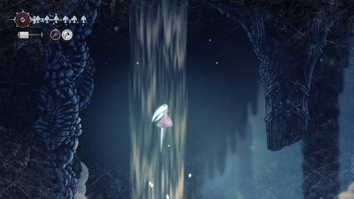 Hornet glides up a large draft in Mount Fay in Hollow Knight: Silksong