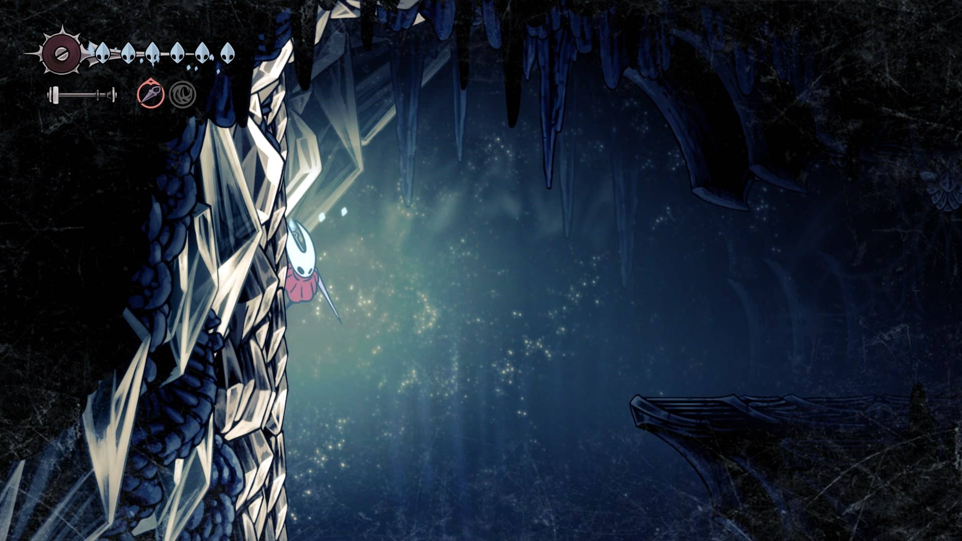 Hornet se agarra a uma parede gelada em Mount Fay em Hollow Knight: Silksong