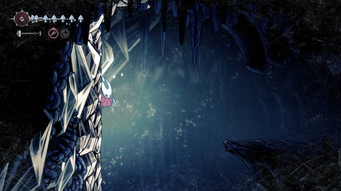 Hornet Cling Grips to an icy wall in Mount Fay in Hollow Knight: Silksong