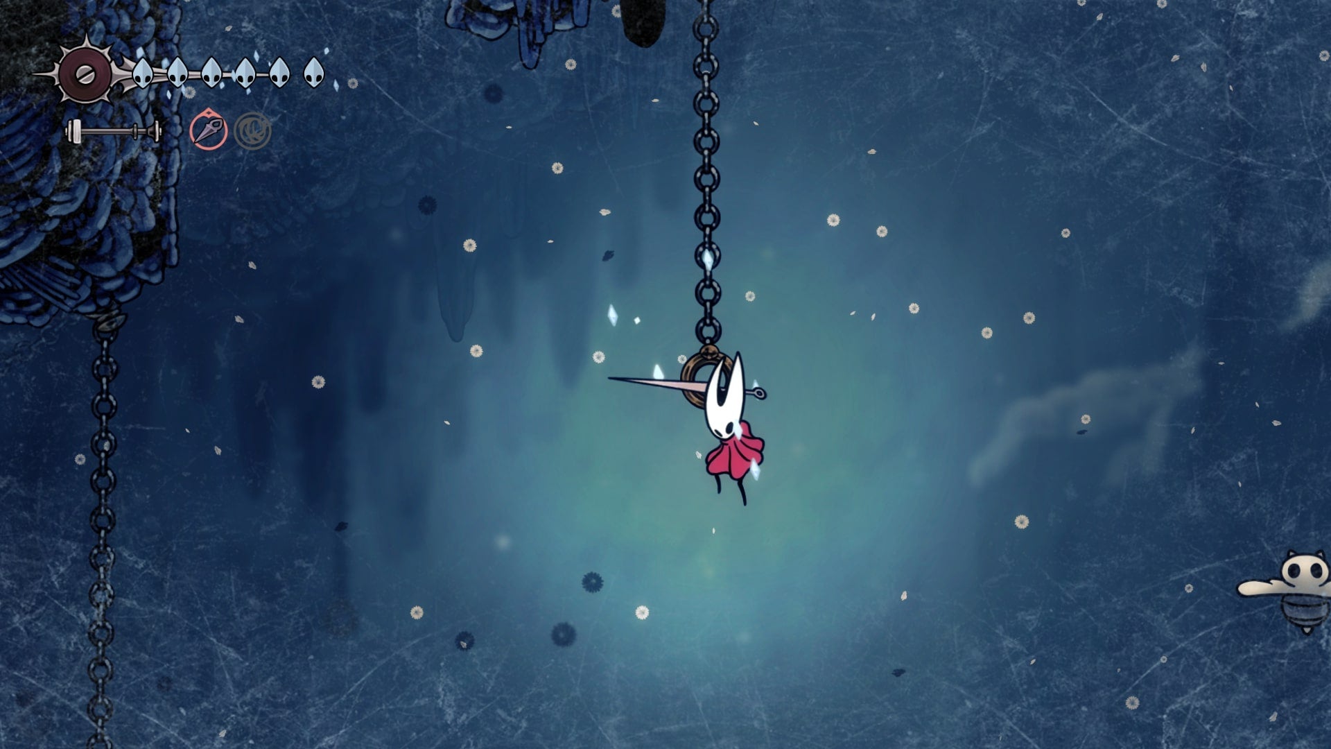Hornet pode ser visto pendurado em um disco Clawline em Mount Fay em Hollow Knight: Silksong
