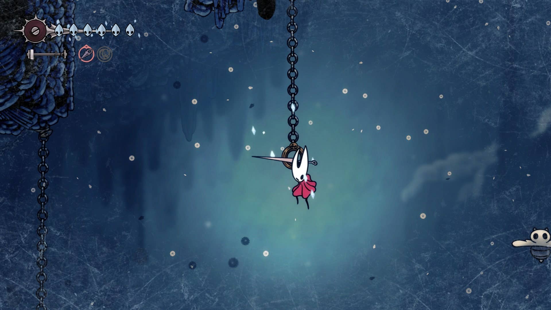 Hornet pode ser visto pendurado em um disco Clawline em Mount Fay em Hollow Knight: Silksong