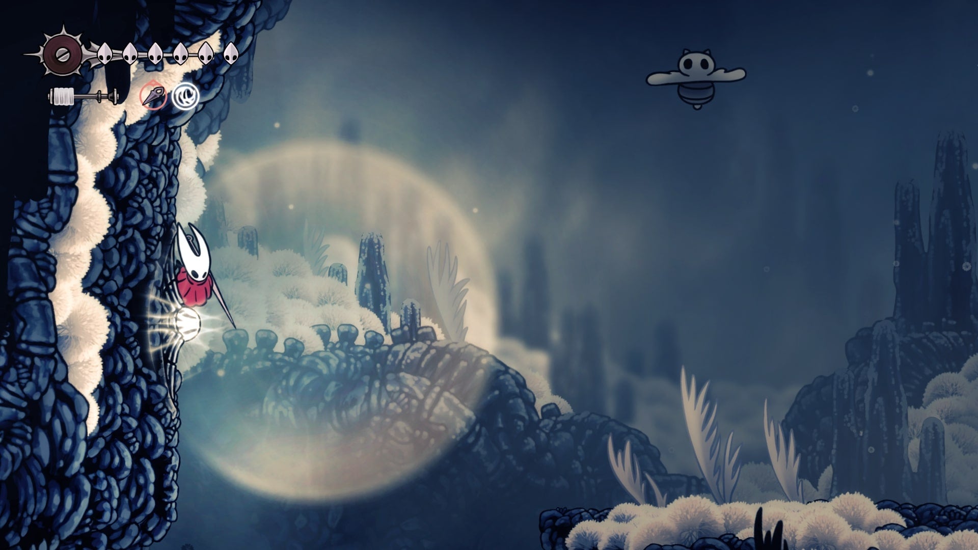 Hornet Cling Grips a uma parede com uma fonte de calor em Mount Fay em Hollow Knight: Silksong