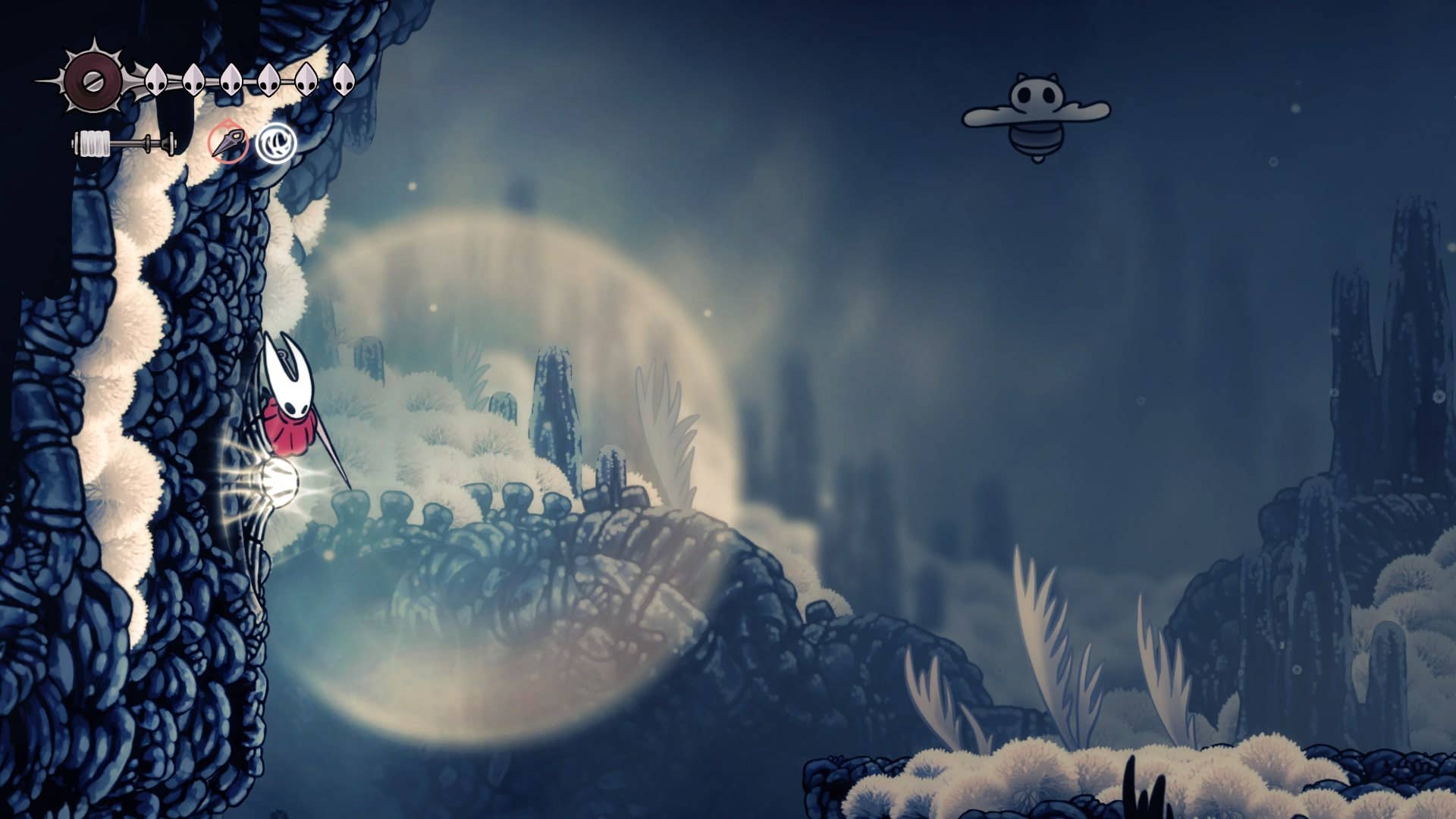 Hornet Cling Grips a uma parede com uma fonte de calor em Mount Fay em Hollow Knight: Silksong