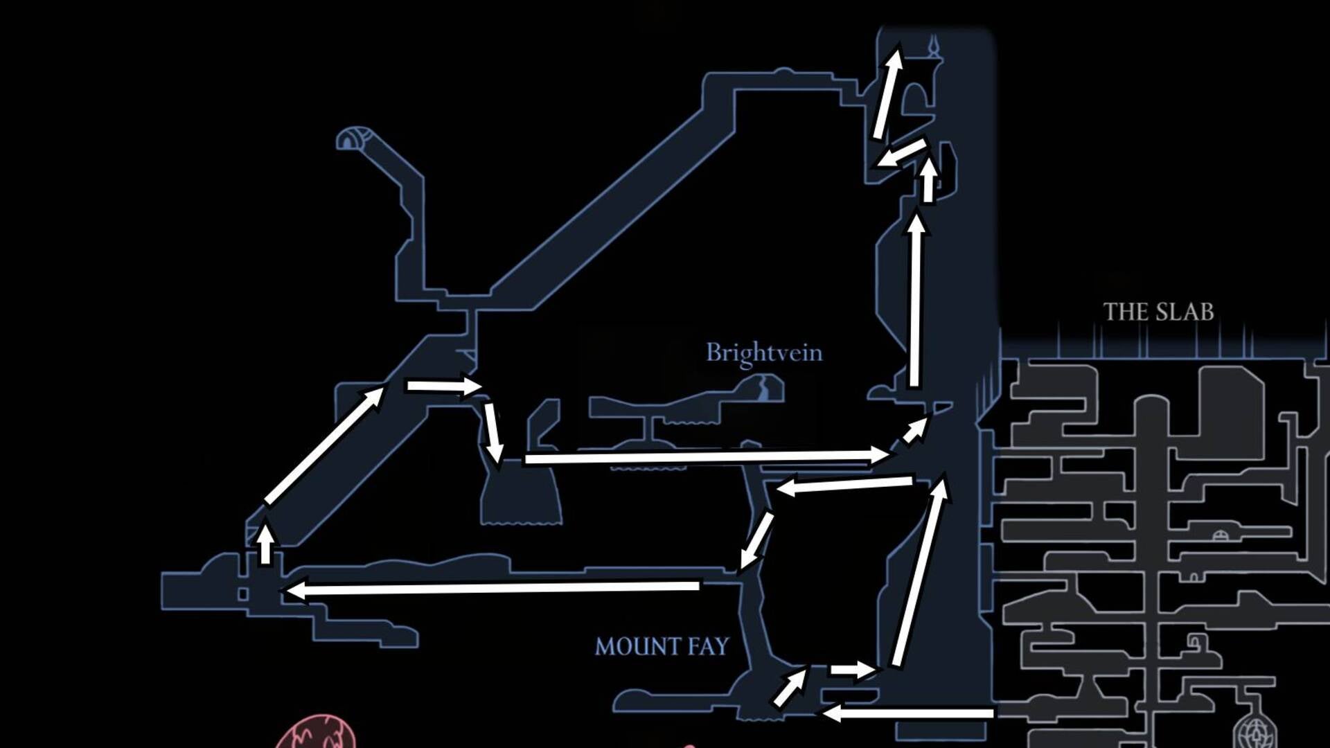A route from the start of Mount Fay to the Faydown Cloak is drawn on the map in Hollow Knight: Silksong