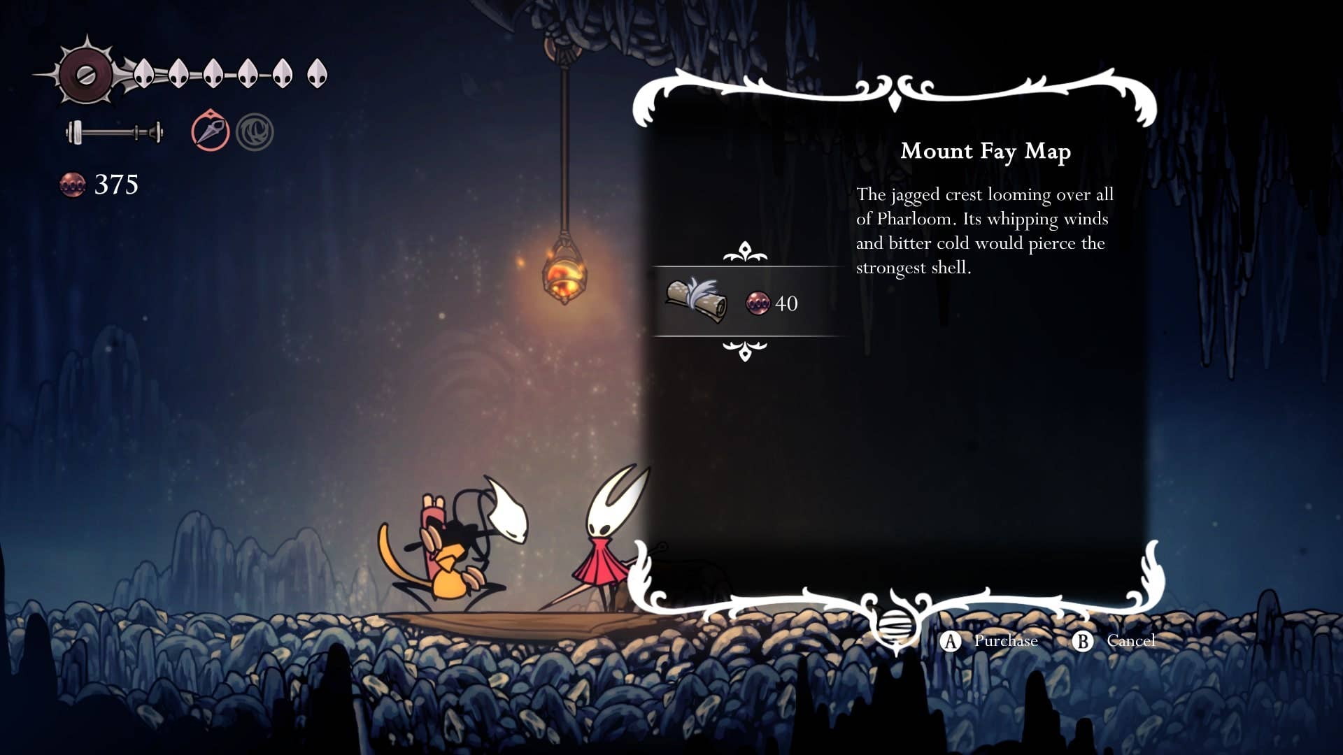 Hornet pretende comprar o mapa Mount Fay de Shakra em Hollow Knight: Silksong
