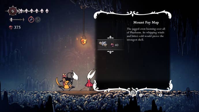 Hornet looks at purchasing the Mount Fay Map from Shakra in Hollow Knight: Silksong