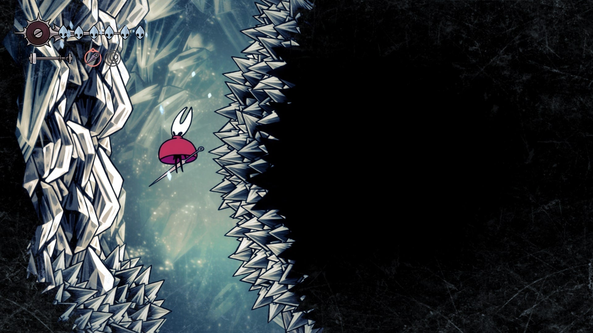 Hornet desce por uma passagem coberta de espinhos no Monte Fay em Hollow Knight: Silksong