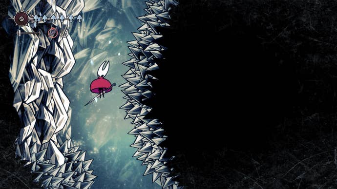 Hornet drifts down a passage coated in spikes in Mount Fay in Hollow Knight: Silksong