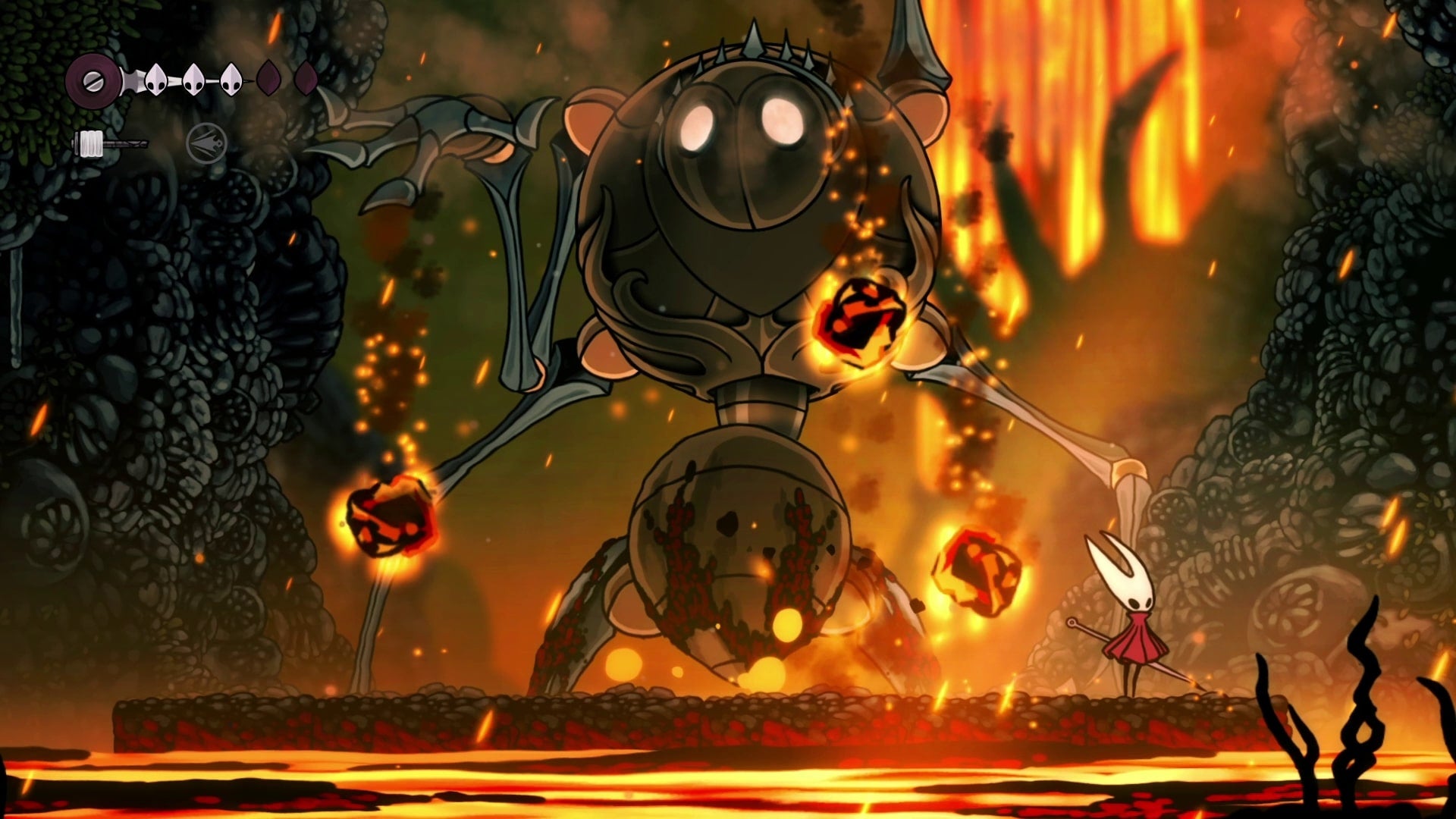 Hornet avoids falling lava dispensed by Fourth Chorus in Hollow Knight: Silksong