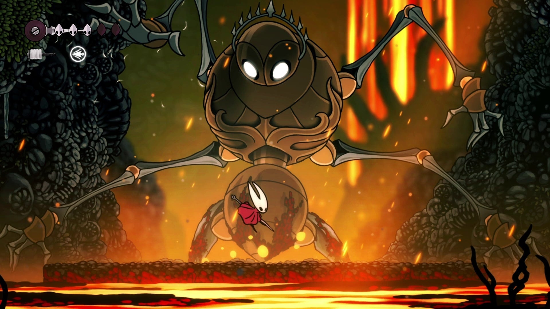 Hornet dodges the Fourth Chorus' hand smash attack in Hollow Knight: Silksong