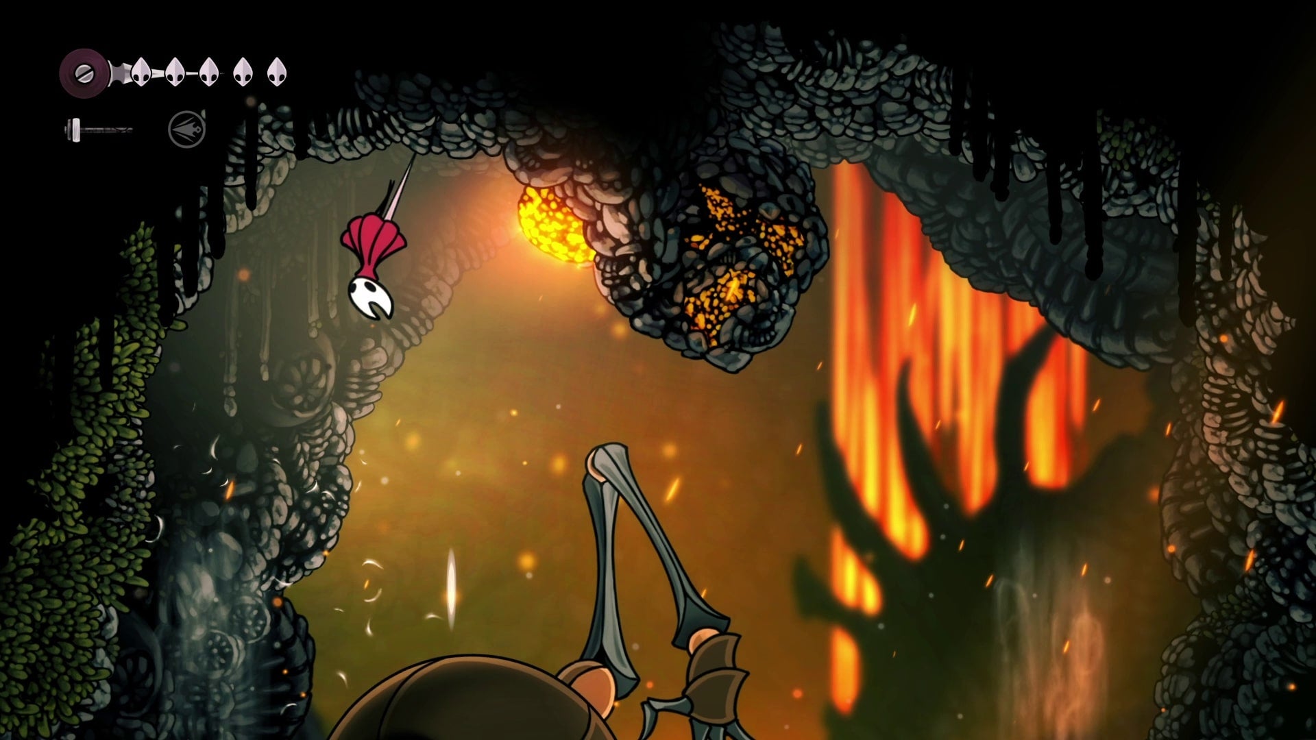 Hornet uses an updraft to reach the molten rocks above the Fourth Chorus in Hollow Knight: Silksong
