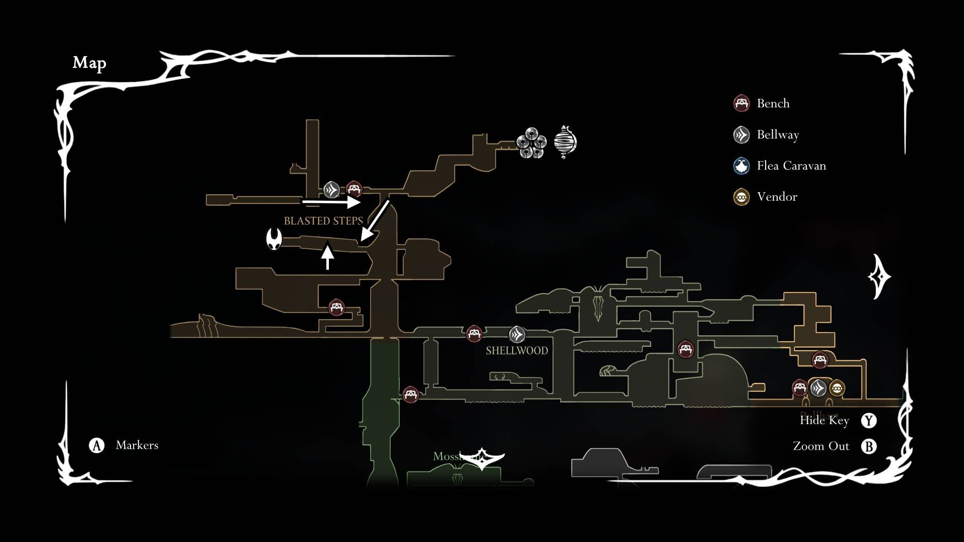 A map showing where the Great Conchflies are in Blasted Steps is shown in Hollow Knight: Silksong