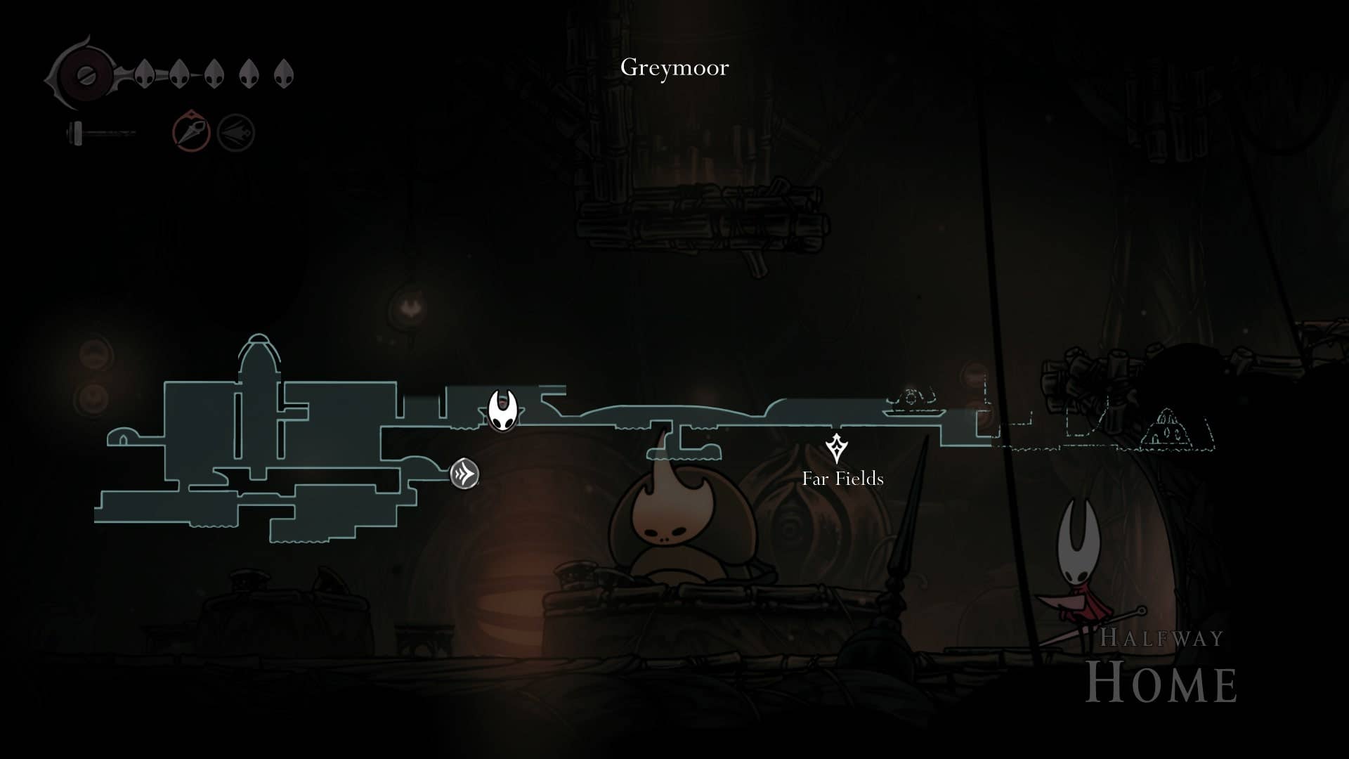 The map of Greymoor with the Halfway Home marked in Hollow Knight: Silksong is shown