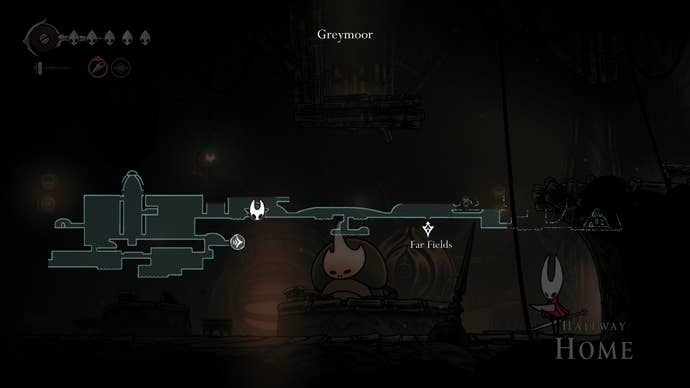 The map of Greymoor with the Halfway Home marked in Hollow Knight: Silksong is shown