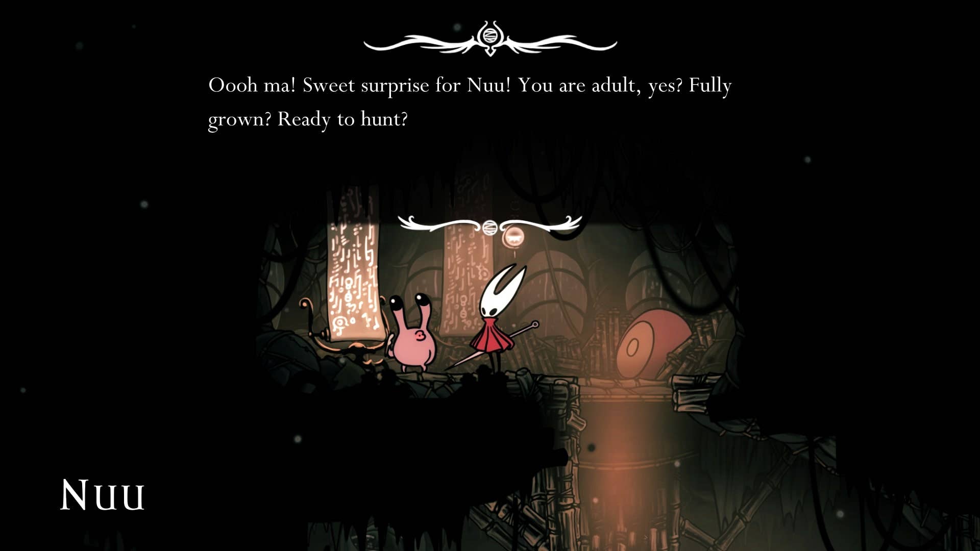 Hornet speaks to Nuu in Greymoor's Halfway Home in Hollow Knight: Silksong