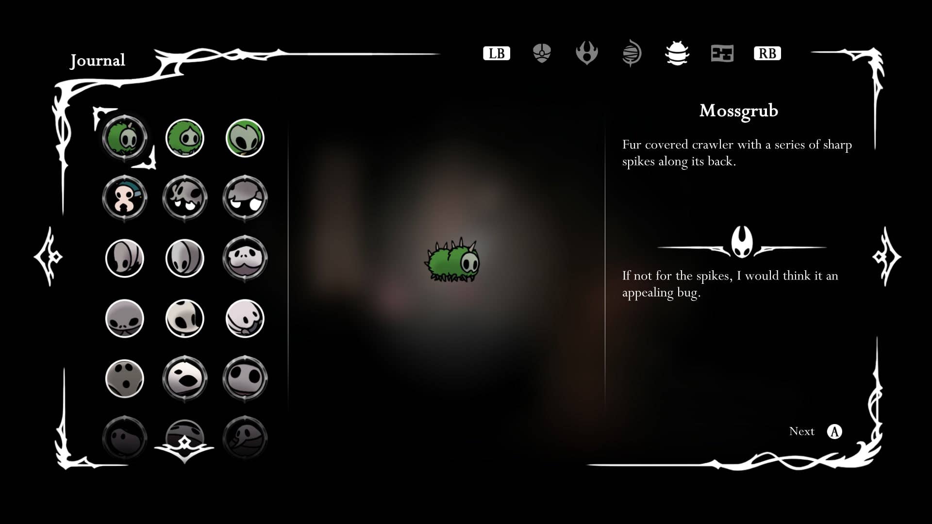 The Hunter's Journal - the bestiary - is shown in Hollow Knight: Silksong