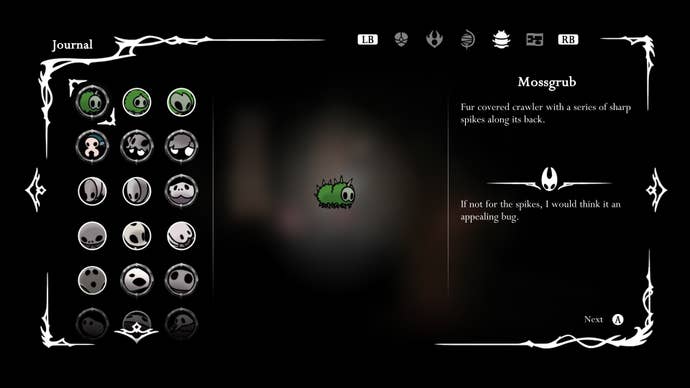 The Hunter's Journal - the bestiary - is shown in Hollow Knight: Silksong