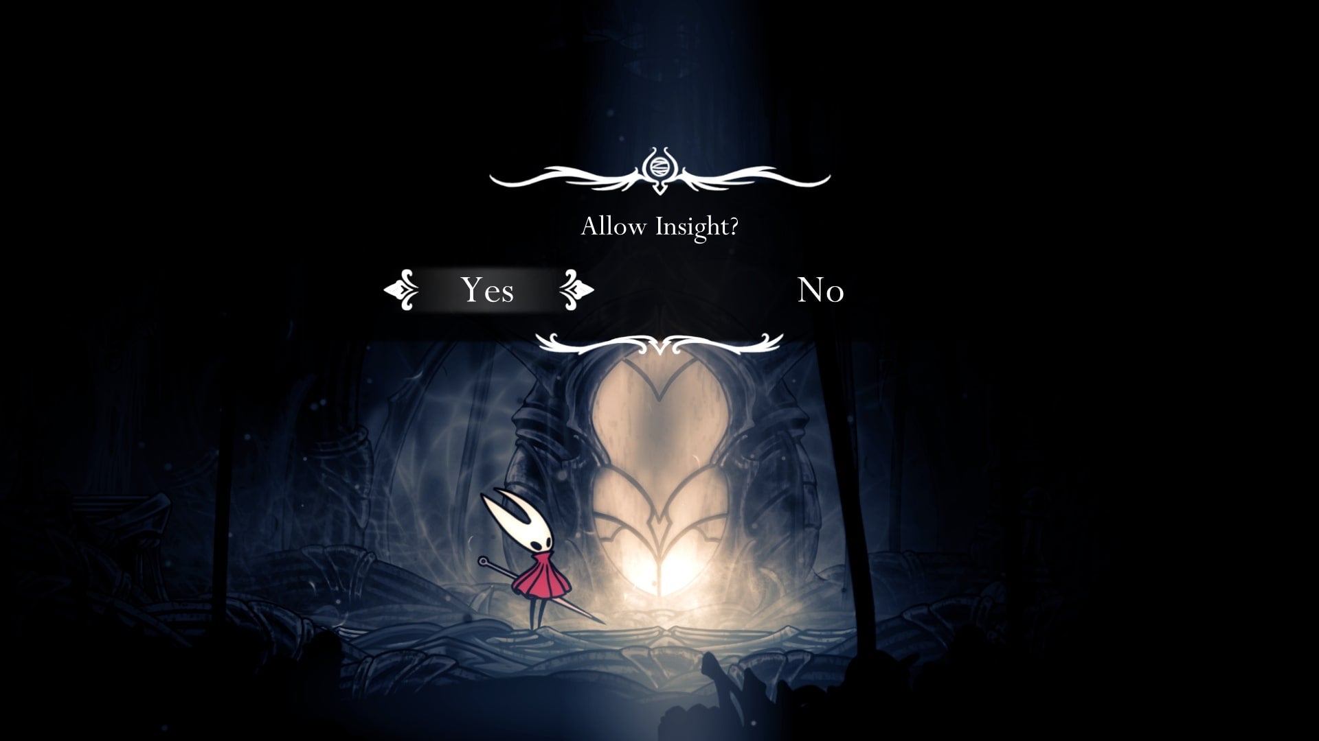 Hornet chooses to 'Allow Insight' from Eva in Weavenest Atla in Hollow Knight: Silksong