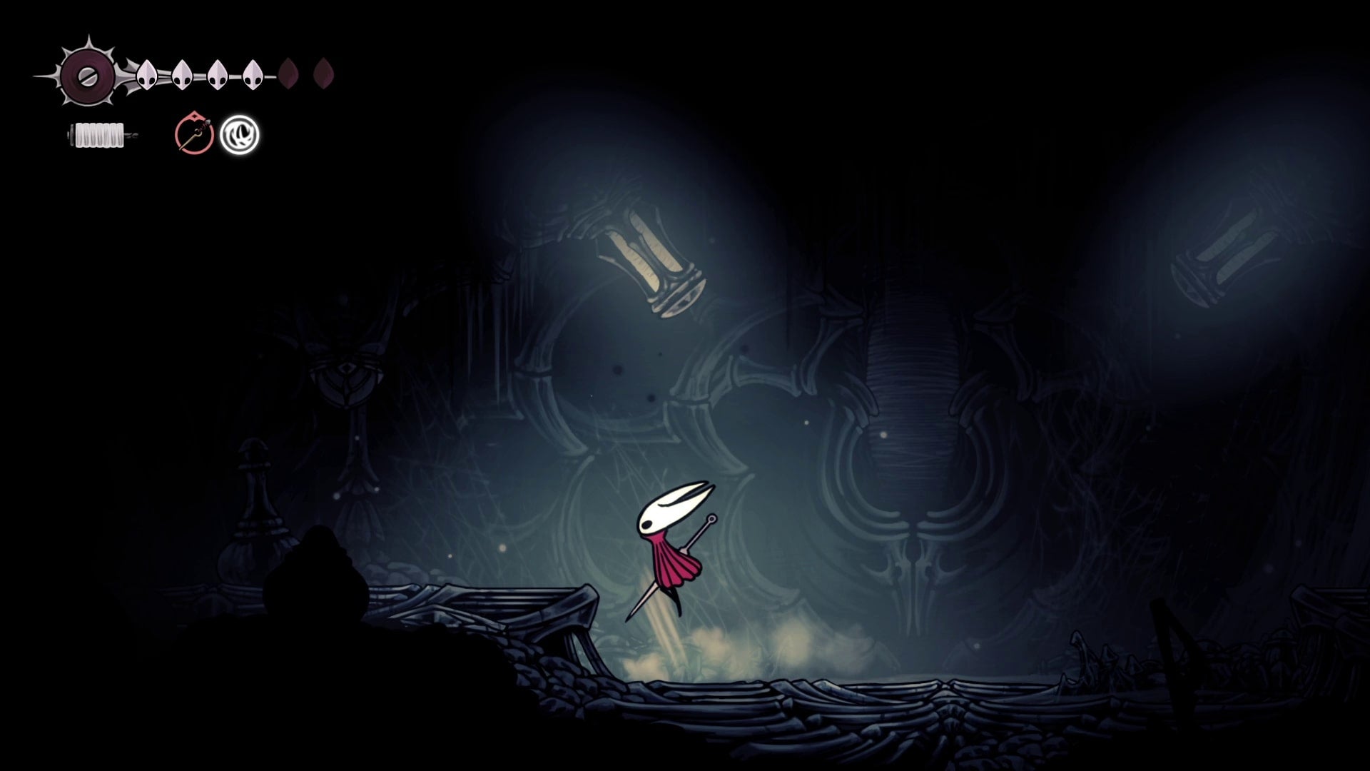 Hornet jumps towards a lantern that needs to be destroyed in Weavenest Atla in Hollow Knight: Silksong