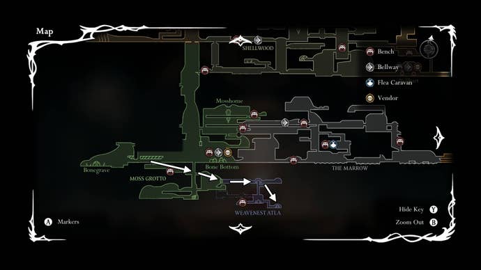 The route from Moss Grove to Eva in Weavenest Atla is labelled on the map in Hollow Knight: Silksong
