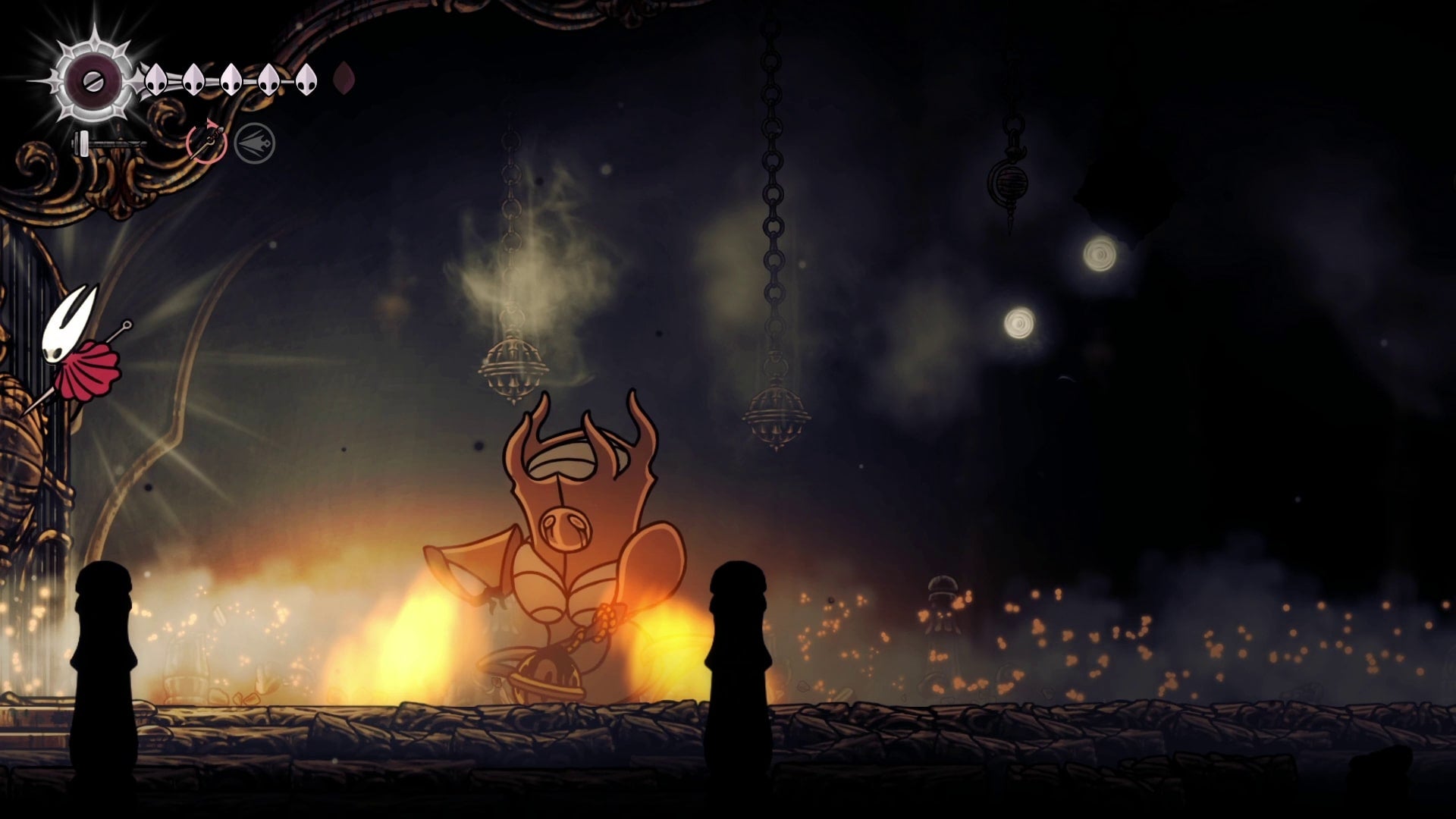Hornet dodges The Last Judge's waves of fire in Hollow Knight: Silksong