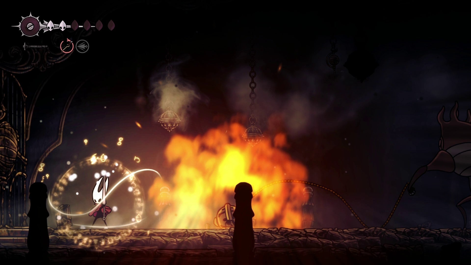 Hornet dodges The Last Judge's exploding Bell of fire while Binding in Hollow Knight: Silksong
