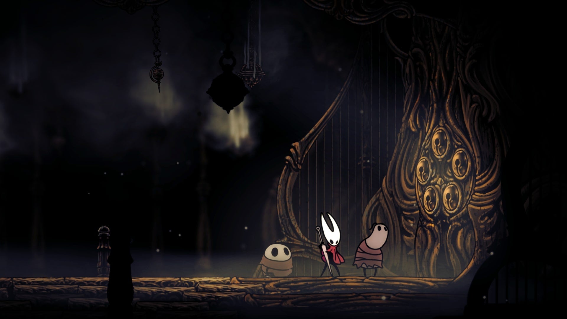 Hornet plays the Needolin at the door to the Citadel in Hollow Knight: Silksong
