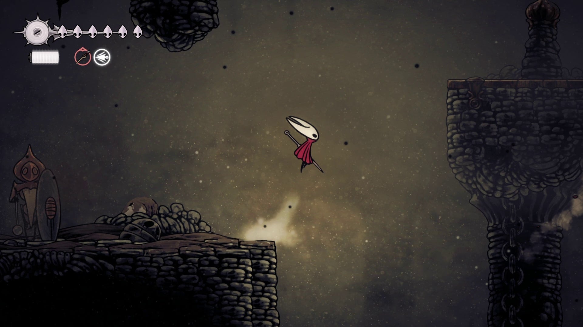 Hornet dashes from one platform to another in Blasted Steps in Hollow Knight: Silksong