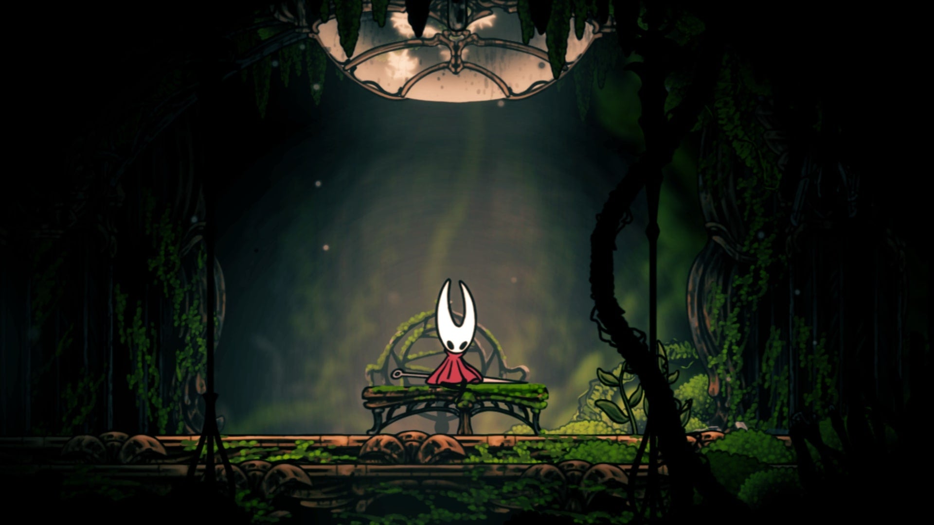 Hornet rests at the Bench in Memorium in Hollow Knight: Silksong.