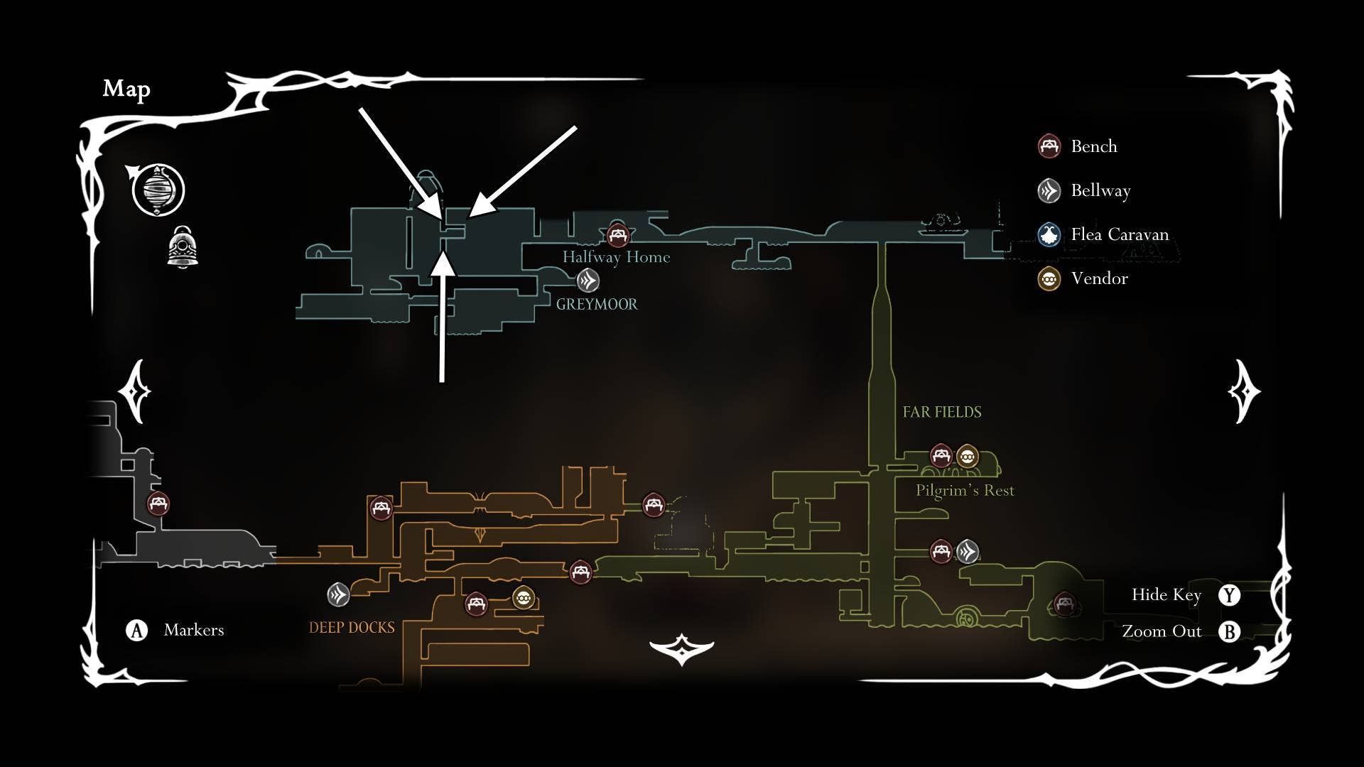 A localização de onde os jogadores se encontram pela primeira vez Garmond e Zaza em Greymoor é mostrado no mapa em Hollow Knight: Silksong