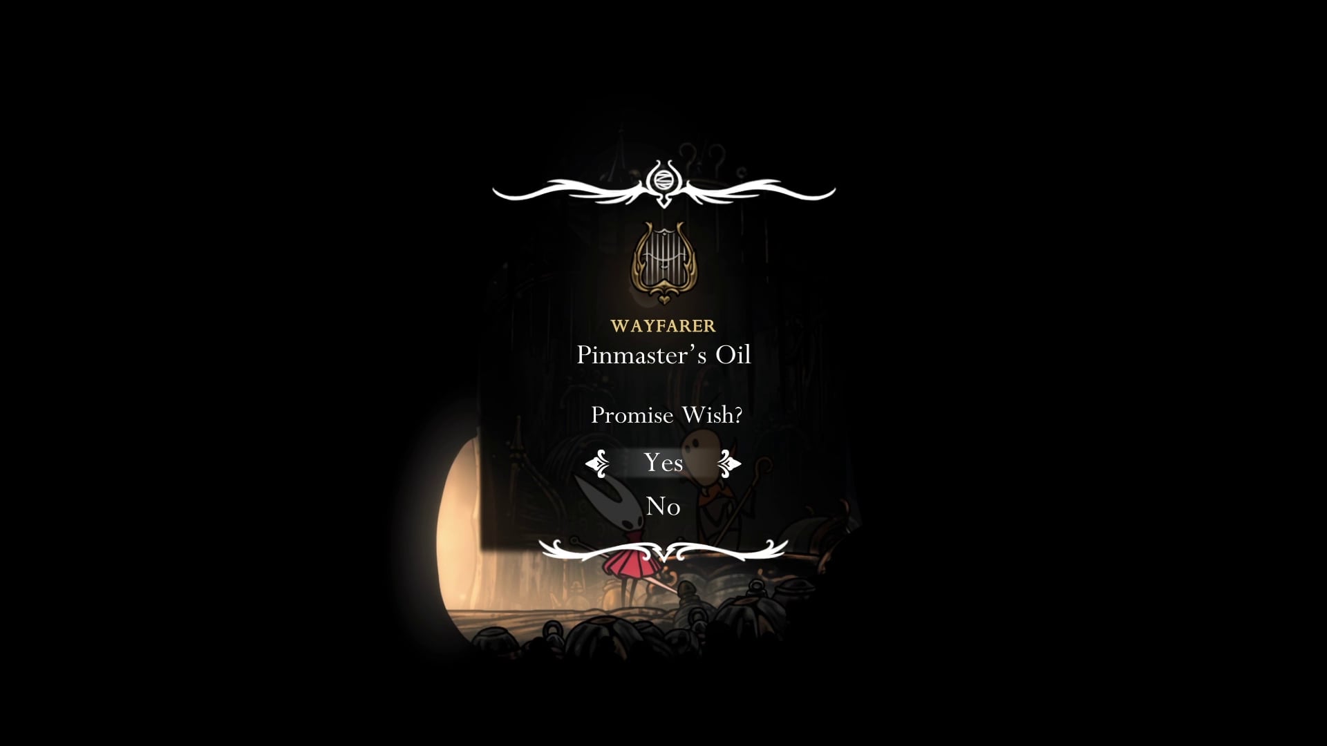 Hornet accepts the Pinmaster's Oil Wish from Pinmaster Plinney in Bellheart in Hollow Knight: Silksong