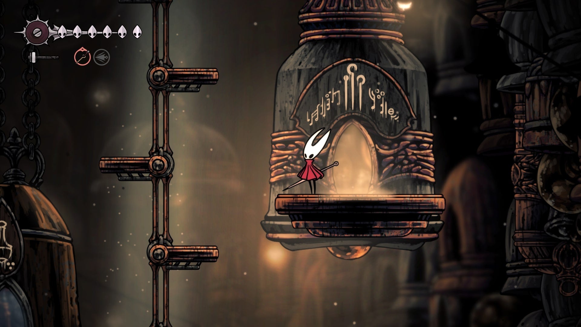 Hornet stands outside of Pinmaster Plinney's home in Bellheart in Hollow Knight: Silksong