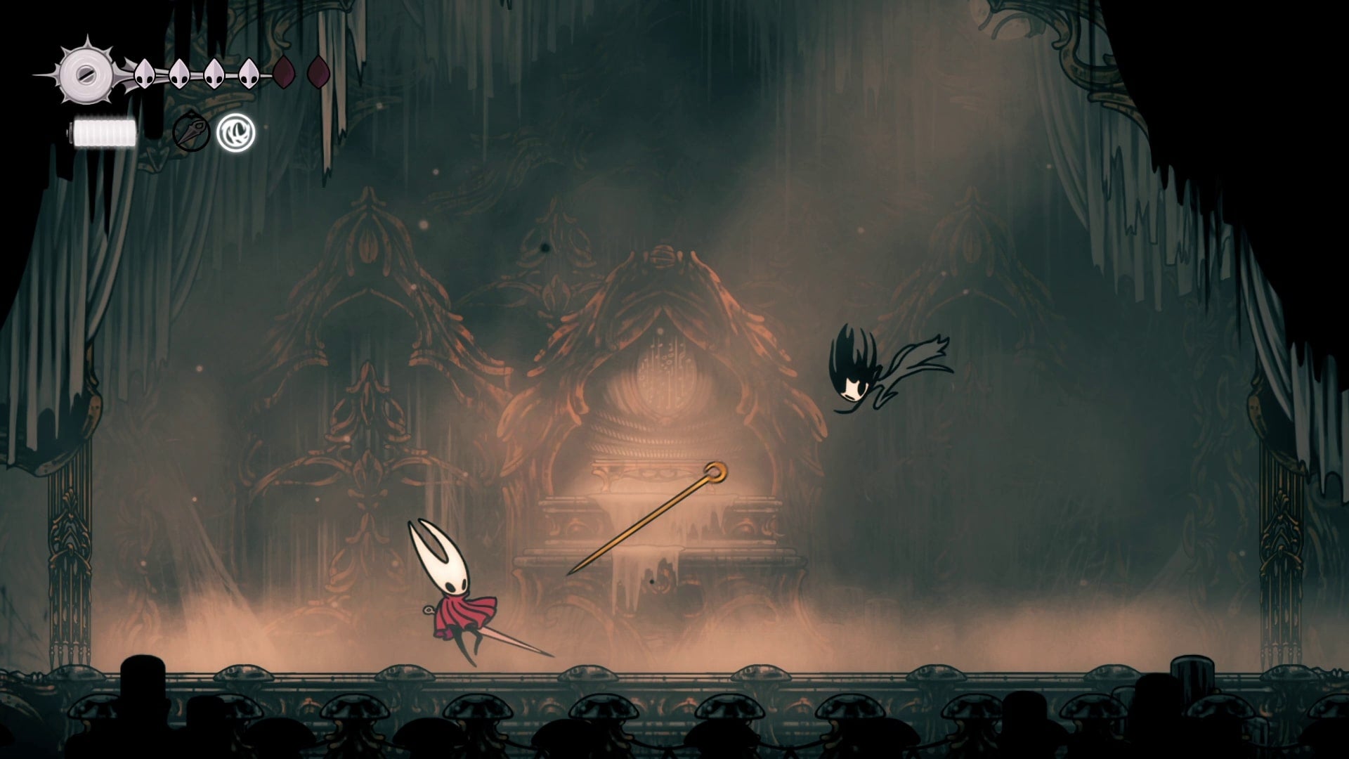 Hornet is about to be hit by Phantom's projectile Needle in Hollow Knight: Silksong