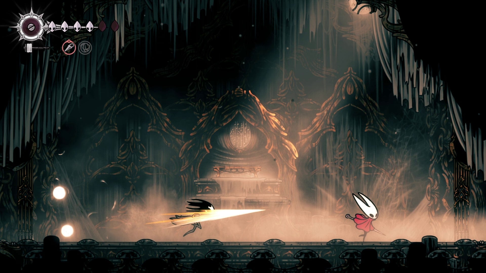 Hornet dashes away from Phantom's Cross Stitch counterattack in Hollow Knight: Silksong