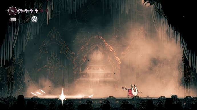 Hornet dashes away from Phantom's ground pound attack in Hollow Knight: Silksong