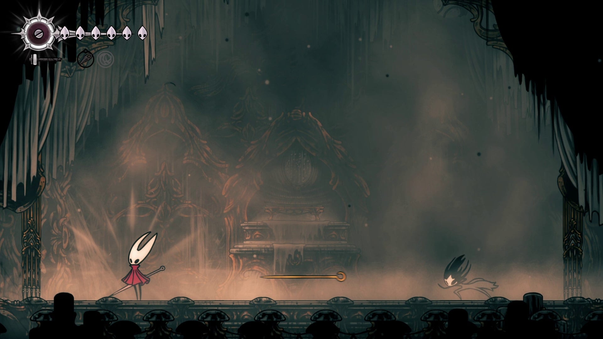 Hornet stands on the opposite side of the arena from Phantom as he throws his Needle at her in Hollow Knight: Silksong