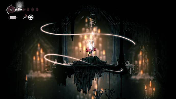 Hornet binds with a corpse to collect the Reaper Crest in Hollow Knight: Silksong