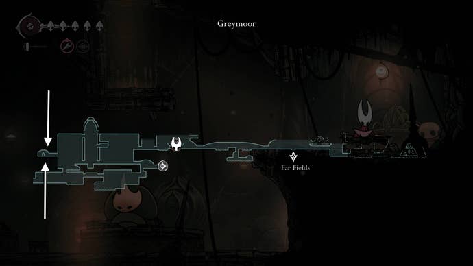 The location of where the Reaper Crest can be found in Greymoor is marked on the map in Hollow Knight: Silksong