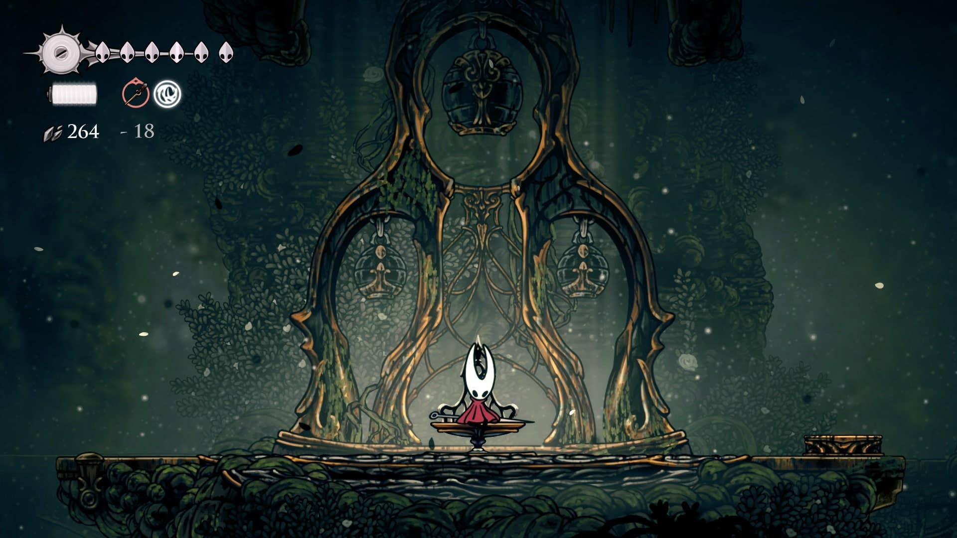 Hornet repousa em um banco em Shellwood em Hollow Knight: Silksong